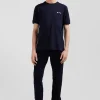 Regular navy short-sleeved cotton T-shirt with striped embroidery