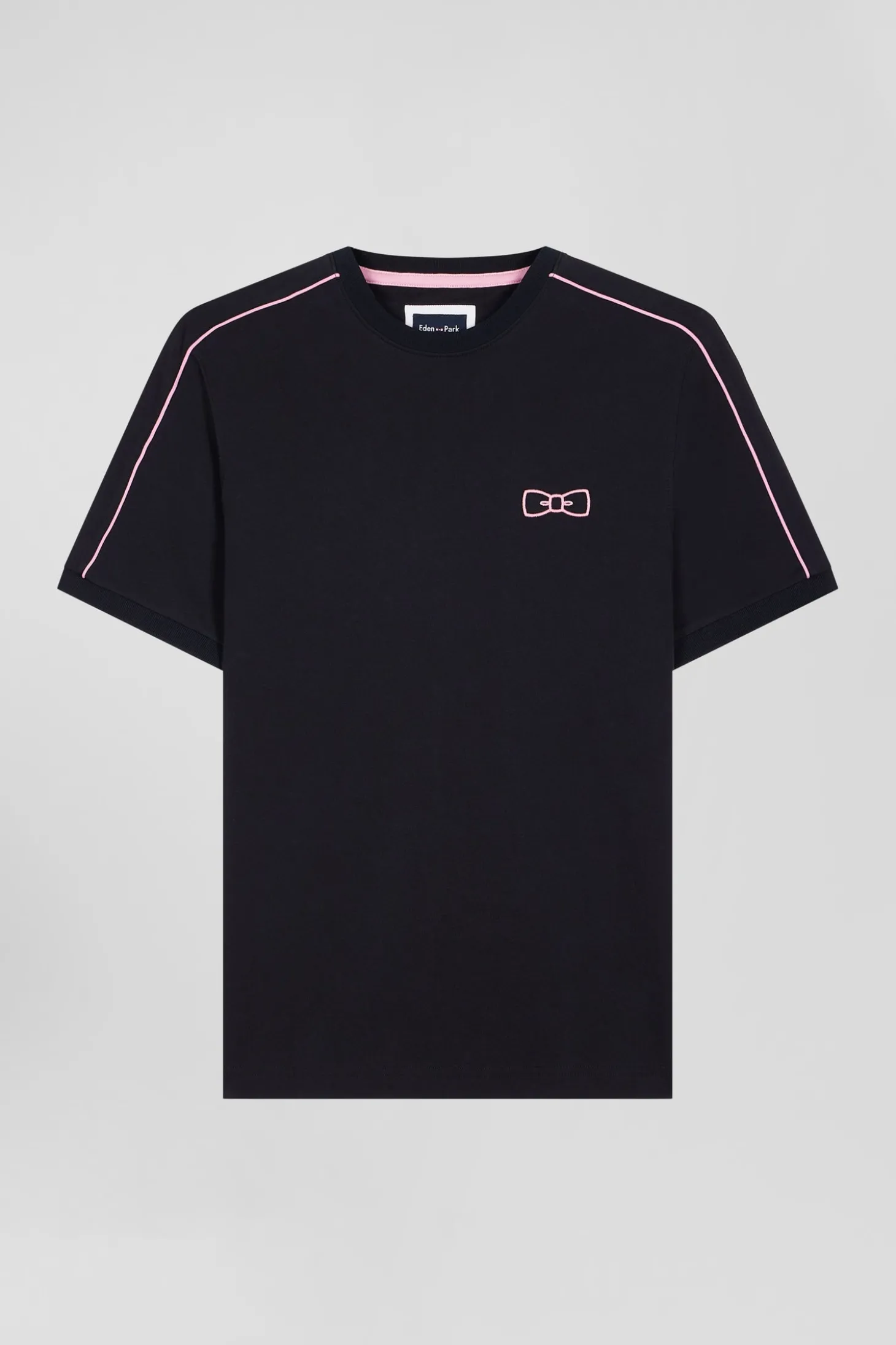 Regular navy short-sleeved cotton T-shirt with pink piping