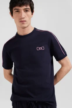 Regular navy short-sleeved cotton T-shirt with pink piping