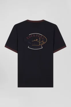 Regular navy short-sleeved cotton T-shirt with back embroidery