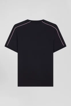 Regular navy short-sleeved cotton T-shirt with pink piping