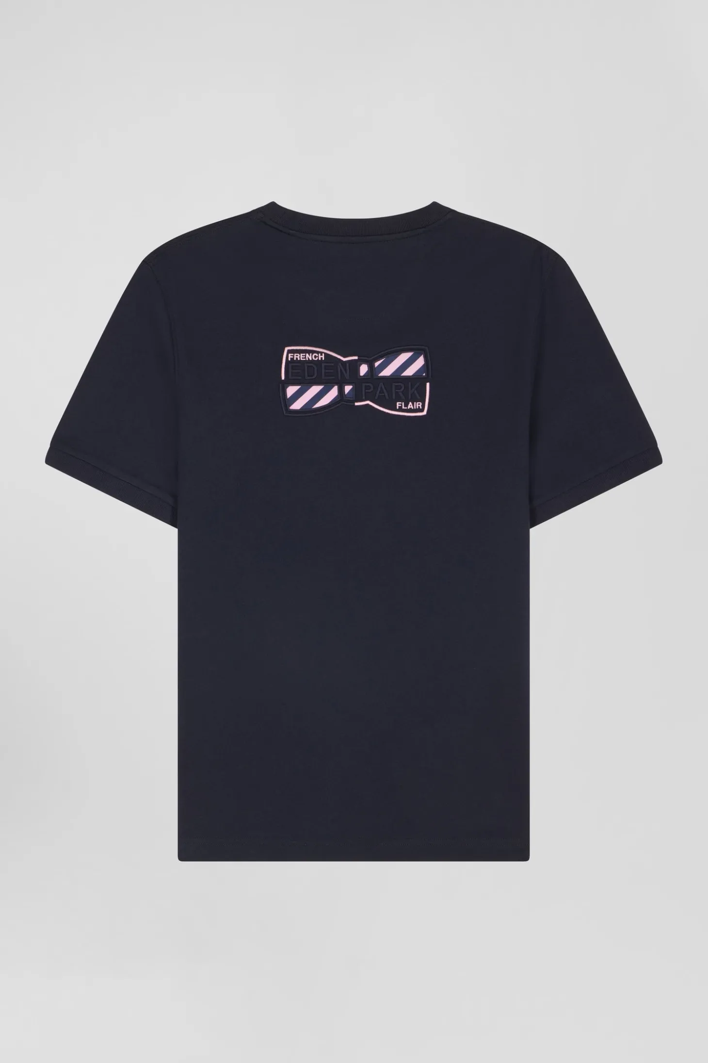 Regular navy short-sleeved cotton T-shirt with back emblem embroidery