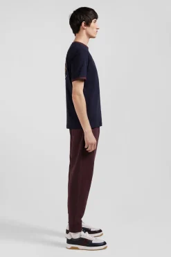 Regular navy short-sleeved cotton T-shirt with back embroidery