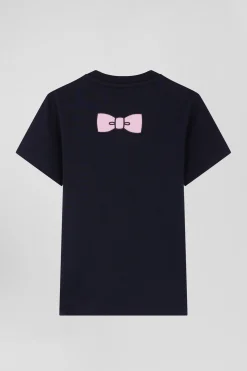 Regular navy short-sleeved cotton T-shirt with bow tie embroidery