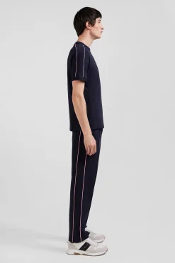 Regular navy short-sleeved cotton T-shirt with pink piping