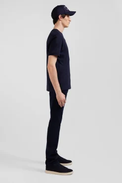 Regular navy short-sleeved cotton T-shirt with striped embroidery