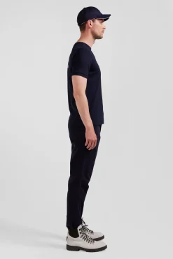 Regular navy short-sleeved cotton T-shirt with back emblem embroidery