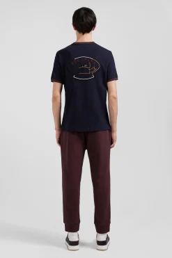 Regular navy short-sleeved cotton T-shirt with back embroidery