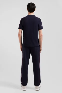 Regular navy short-sleeved cotton T-shirt with pink piping