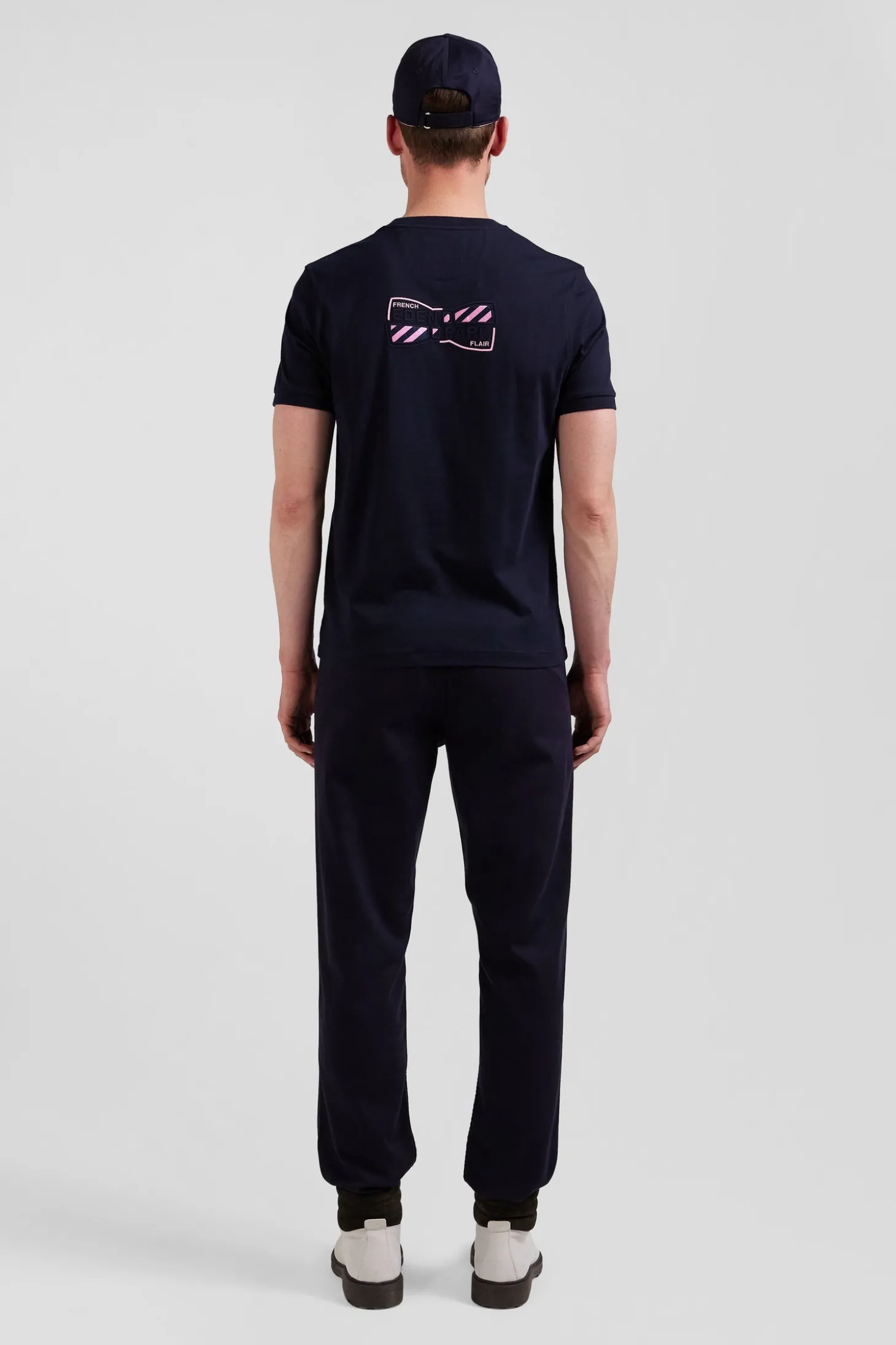 Regular navy short-sleeved cotton T-shirt with back emblem embroidery