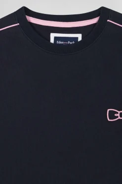 Regular navy short-sleeved cotton T-shirt with pink piping