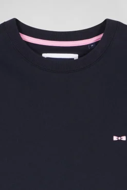 Regular navy short-sleeved cotton T-shirt with back emblem embroidery