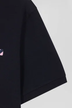 Regular navy short-sleeved cotton T-shirt with striped embroidery