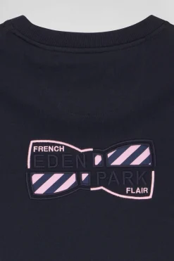 Regular navy short-sleeved cotton T-shirt with back emblem embroidery