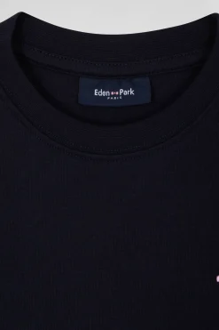 Regular navy short-sleeved cotton T-shirt with bow tie embroidery