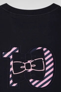 Regular navy short-sleeved cotton T-shirt with striped embroidery