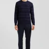 Regular navy striped cotton and cashmere crew neck jumper