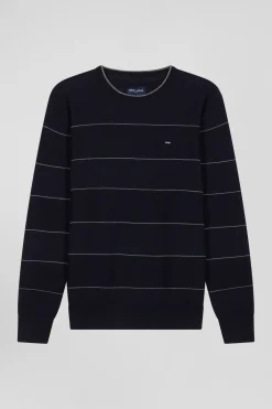 Regular navy striped cotton and cashmere crew neck jumper