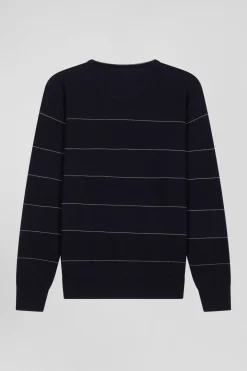 Regular navy striped cotton and cashmere crew neck jumper