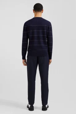 Regular navy striped cotton and cashmere crew neck jumper
