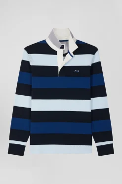 Regular navy striped long-sleeved cotton rugby shirt