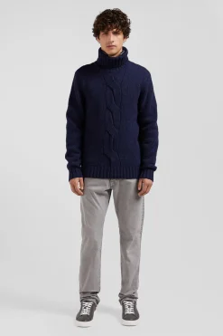 Regular navy virgin wool and recycled polyamide turtleneck jumper with 3D knitting