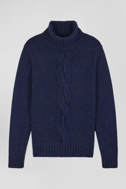 Regular navy virgin wool and recycled polyamide turtleneck jumper with 3D knitting