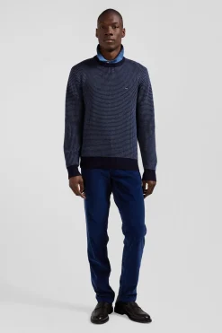 Regular navy wool and cotton crew neck jumper