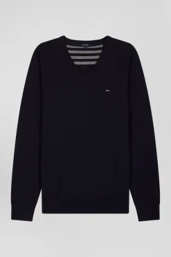 Regular navy wool and cotton V-neck jumper with striped details