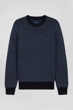 Regular navy wool and cotton crew neck jumper