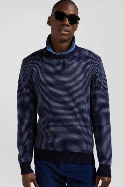 Regular navy wool and cotton crew neck jumper