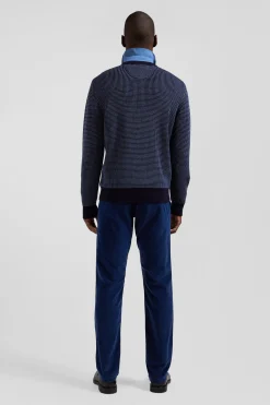 Regular navy wool and cotton crew neck jumper