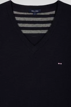 Regular navy wool and cotton V-neck jumper with striped details