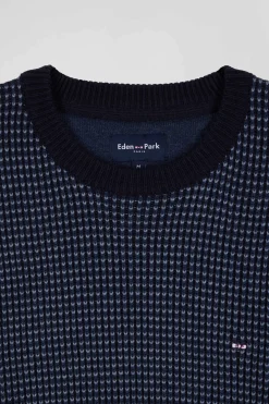Regular navy wool and cotton crew neck jumper