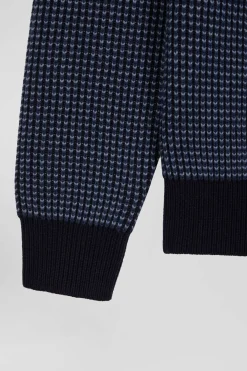 Regular navy wool and cotton crew neck jumper