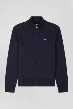 Regular navy zipped brushed cotton fleece with high top collar