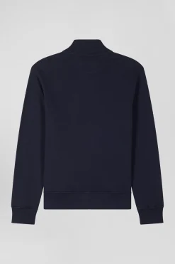 Regular navy zipped brushed cotton fleece with high top collar