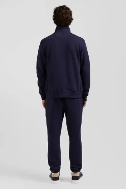 Regular navy zipped brushed cotton fleece with high top collar