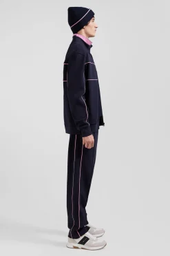 Regular navy zipped high neck sweatshirt with pink piping
