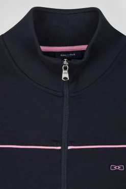 Regular navy zipped high neck sweatshirt with pink piping