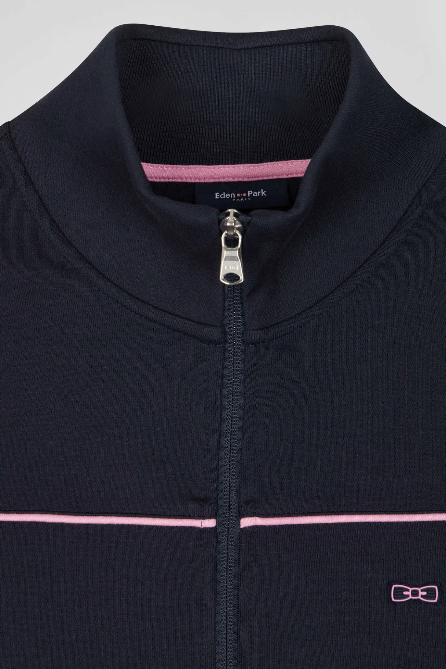 Regular navy zipped high neck sweatshirt with pink piping