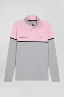 Regular pink bicolor long-sleeved cotton piqué polo shirt