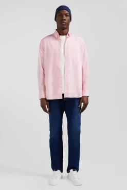 Regular pink cotton poplin shirt with button-down collar and printed elbow patches