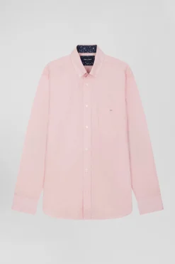 Regular pink cotton poplin shirt with button-down collar and printed elbow patches