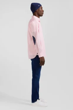 Regular pink cotton poplin shirt with button-down collar and printed elbow patches