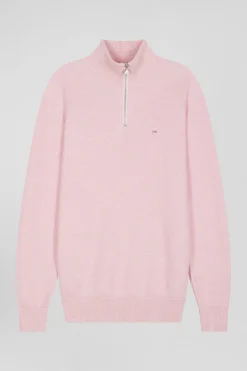 Regular pink cotton semi-zipped jumper