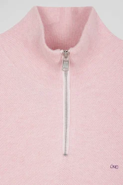 Regular pink cotton semi-zipped jumper