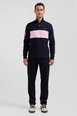 Regular pink long-sleeved cotton piqué polo shirt with sleeve embroidery