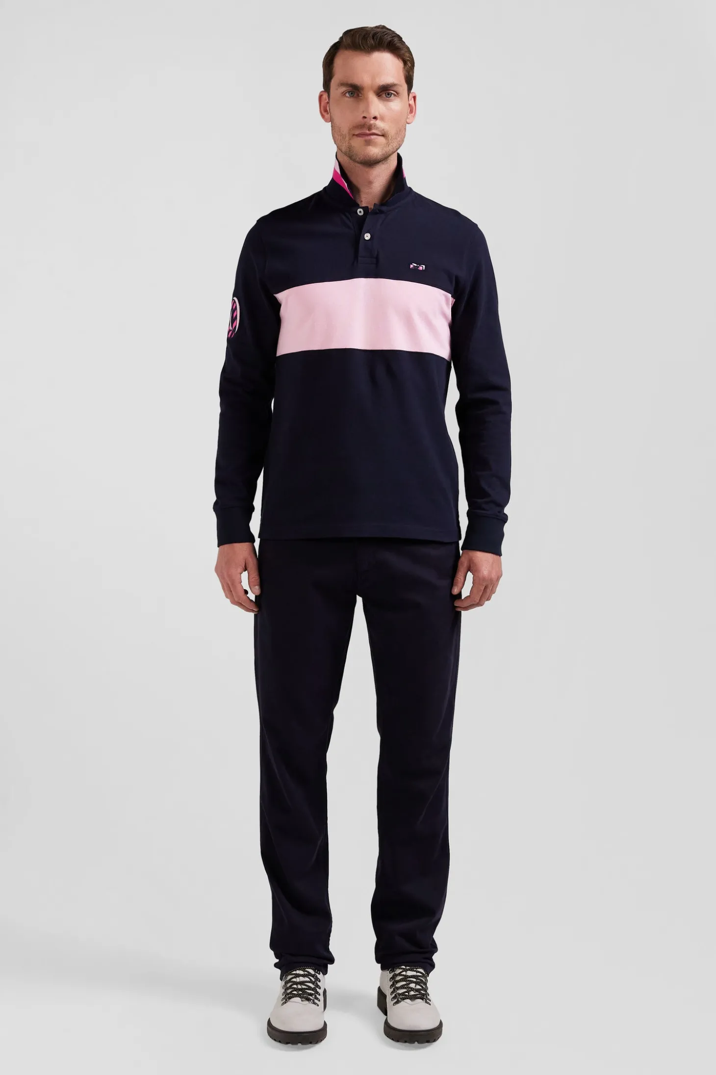 Regular pink long-sleeved cotton piqué polo shirt with sleeve embroidery