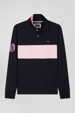 Regular pink long-sleeved cotton piqué polo shirt with sleeve embroidery